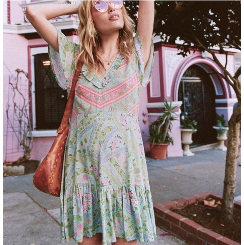 Spell And The Gypsy Paisley Print Ruffle Mini Dress Boho Chic Green Small - Picture 3 of 8
